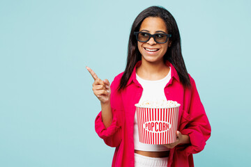 Little kid teen girl of African American ethnicity wear pink shirt white t-shirt 3d glasses watch...
