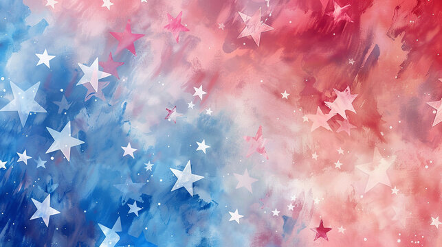 Soft watercolor blend in Americana hues with scattered stars  perfect for celebrating the essence of freedom and unity