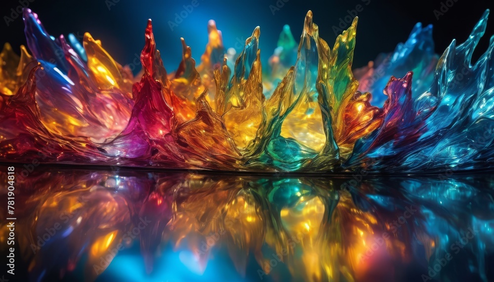 Poster dynamic glass sculpture featuring spikes of multicolored glass on a reflective surface, creating a s