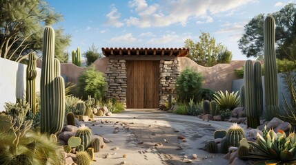 A desert villa entrance with a rustic wooden gate and cactus garden.