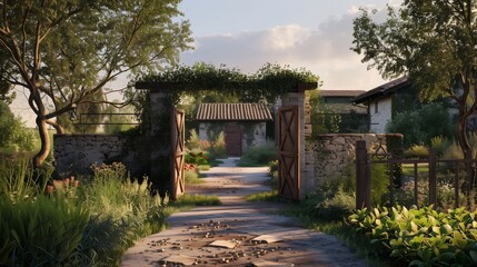 A farm-style villa entrance with a barn door gate and vegetable garden.