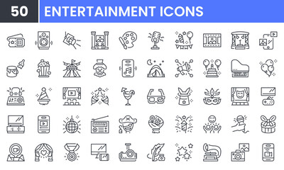 Entertainment and cinema vector line icon set. Contain linear outline icons like theater, party, nightlife, festival, ticket, birthday, firework, circus, popcorn, confetti. Editable use and stroke.