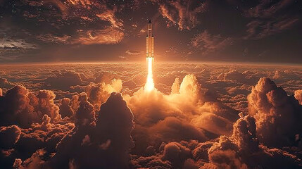 Skyward Bound Captivating Space Rocket Launch Ignition amidst Clouds and Landscape - obrazy, fototapety, plakaty