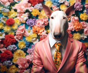 Creative animal concept. Bull Terrier dog puppy in smart suit, surrounded in a surreal garden full of blossom flowers floral landscape. advertisement commercial editorial banner card	
 - obrazy, fototapety, plakaty