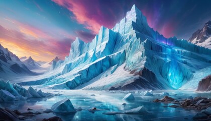 An awe-inspiring glacier landscape with sharp icy peaks under a vibrant cosmic sky, reflecting the universe's mystique.. AI Generation