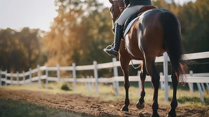 Rolgordijnen zonder boren The beginning of a riding lesson at the equestrian school. Banner with space for text and copy space where on one side stands a horse with a rider © Daria Lukoiko