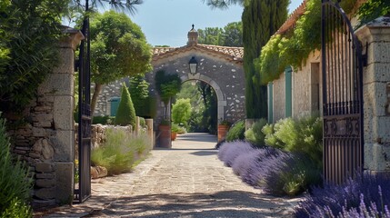 A French country villa entrance with a charming arched gate and lavender-lined walkway.