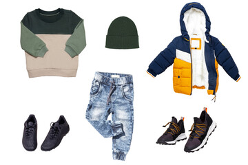 Collage set of little boys autumn clothes isolated. Denim trousers and dawn jacket, sneaker, a sweater, pants and hood for child boy. Children's winter fashion.