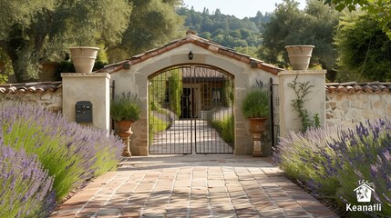 A French country villa entrance with a charming arched gate and lavender-lined walkway.