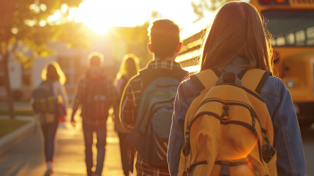 Morning routine captured from behind Students heading to high school their futures as bright as the blurred school bus in the sunlight