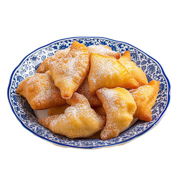 front view of Farturas with Portuguese fried dough pastries, featuring light and airy pastries dusted with sugar, isolated on a white transparent background
