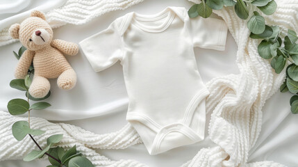 White cotton baby short sleeve bodysuit, toy teddy bear and eucalyptus branch on white ivory blanket throw background. Blank infant onesie mockup template. Top view