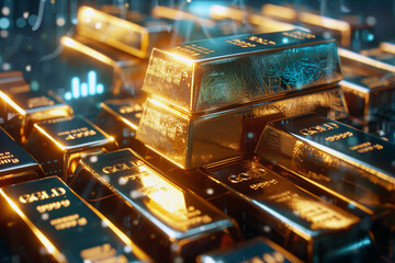 Gold bars with intricate details on a luminescent cyber grid, Concept of digital wealth and cryptocurrency.