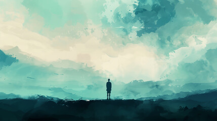 Solitary figure standing against abstract pastel backdrop, Concept of contemplation and vastness.