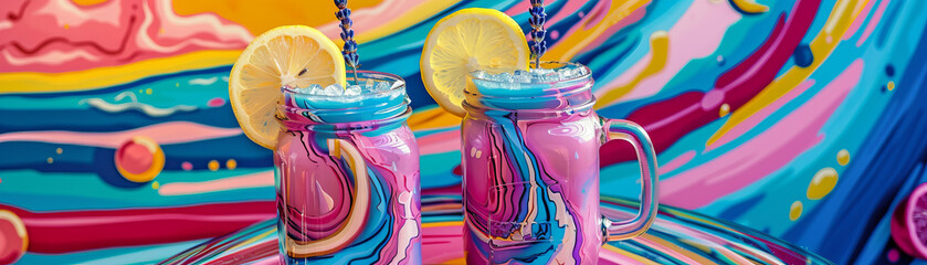 Two colorful mason jars filled with a colorful drink with a lemon slice in the m - obrazy, fototapety, plakaty