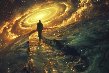 solitary figure walking toward glowing galaxy spiral on alien world
