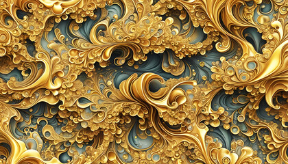 abstrakter Hintergrund einer Marmorierung aus natürlich flüssigen mehrfarbigen Wellen und fantasievollen Mustern in lebendig dynamischen Farbverlauf traumhaft kreativ bunter Textur in gelb blau Gold