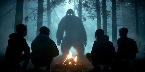 Young school boys telling scary campfire stories with a bigfoot watching from the dark woods. Summer camp scary sasquatch story.