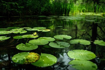 serene pond with lily pads and water droplets, creating an atmosphere of tranquility and nature's beauty