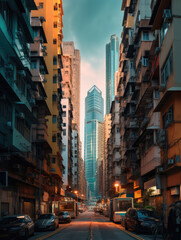 Dusk Cityscape with Modern Skyscraper Amidst Old Buildings