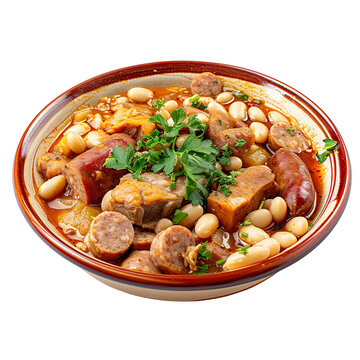 front view of Tripas &agrave; Moda do Porto with Portuguese tripe stew, featuring tripe, white beans, and sausages, isolated on a white transparent background
