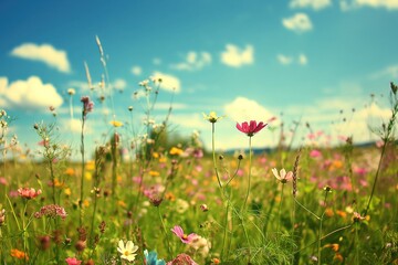 Obraz na płótnie Canvas vibrant meadow filled with wildflowers under a blue sky, pure summer essence