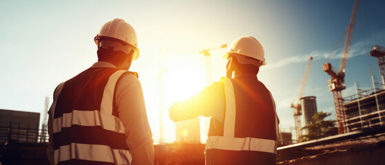 Construction Professionals Overseeing Work at Sunset - obrazy, fototapety, plakaty