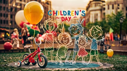 Illustration of Artist Drawing Happy Children, Realistic Background, Children's Day Poster