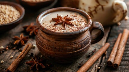 Obraz na płótnie Canvas Indulge in the Flavors of India with Homemade Chai Latte - A Spiced Milk Tea Infused with Ginger, Cinnamon, and Fresh Masala Herbs in Rustic Clay Cup for Healthy Teatime