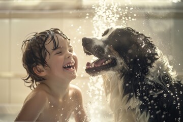 joyful toddler laughing with border collie during playful bath time