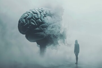 Lost in the Mind: Concept Illustration of Brain Structure and Human Silhouette in Foggy Atmosphere