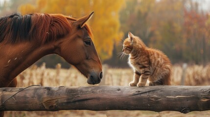 Lovable Friendship of Cat and Horse Playing in the Yard of the Farm with Fence. Showing Fun and Love between Two Mammals - obrazy, fototapety, plakaty