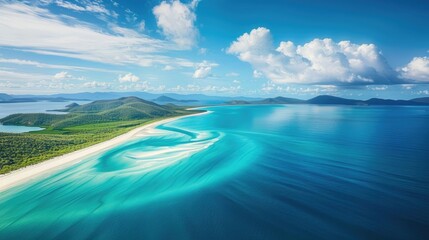 Most Popular Aerial View of Whitehaven Beach in Whitsundays Island Chain, Queensland. Experience the Dramatic Turquoise Coastline and Pure White Silica Sand - obrazy, fototapety, plakaty