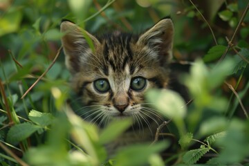 Fototapeta premium Pretty Stray Kitten Peeking Out of Grass Bushes. Cute and Funny Young Feline with Beautiful Eyes Enjoying Summer Outdoors