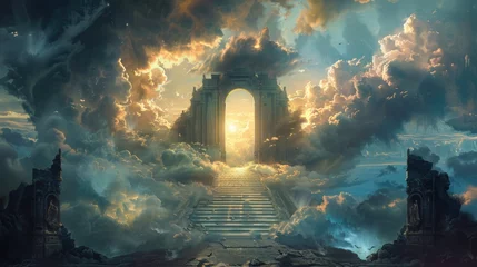 Fotobehang Reception at the Gates of Heaven: An Angelic Illustration of the Afterlife with God and Clouds in a Deathly Scene © Web