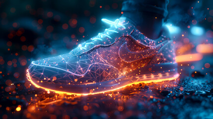 Glowing Particle Sneaker Dissolve: Dynamic Forces in Cyan and Sky Blue Visual Simulation