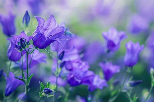 Purple Bellflower Blossom in Nature. Blooming Campanula Rapunculoides plant in Garden during Spring. Beautiful Flower in Shades of Blue and Green
