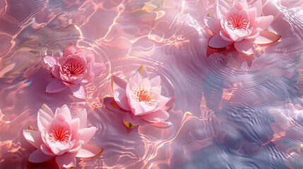 Floating Water Lily Blossoms: A Minimalistic Top View of Sparkling Pink Waters with Dynamic Ripples and Bright Textures