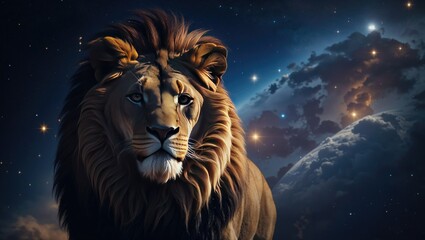 Lion against the starry night sky