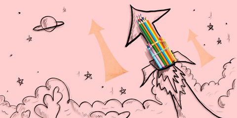 Back to school theme with hand drawn rocket and pencils - Flat lay - obrazy, fototapety, plakaty