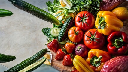 Fresh Harvest: Top View of Colorful Fruits and Vegetables, Copy Space for Healthy Eating Concept