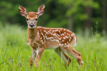 Young Whitetail Fawn Grazing in Natural Wildlife Habitat