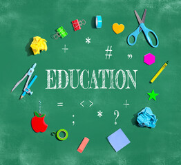 Education theme with school supplies on a chalkboard - flat lay