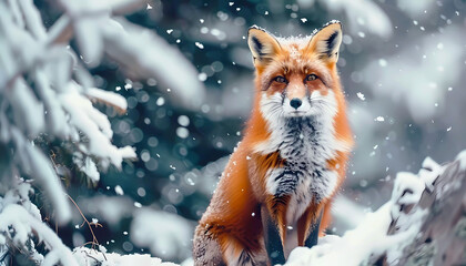 Beautiful red fox in snow landscape. Generative ai design concept art.