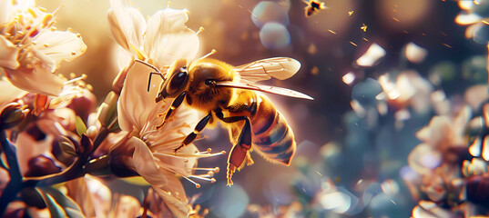Bee and blossom close up background. Generative ai design art concept.