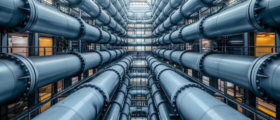 Array of industrial Pipes in and around Buildings Wallpaper Cover Background Brainstorming