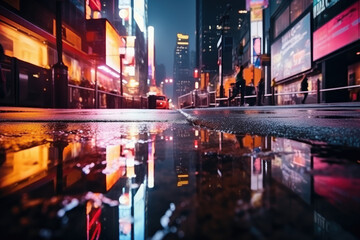 Vibrant Nightlife Reflection on Wet City Streets