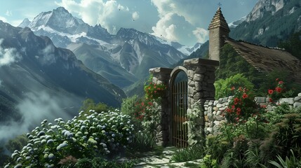 A mountain villa entrance with a stone gate and alpine flowers.