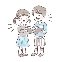 一緒に本を読む男の子と女の子のイラスト素材