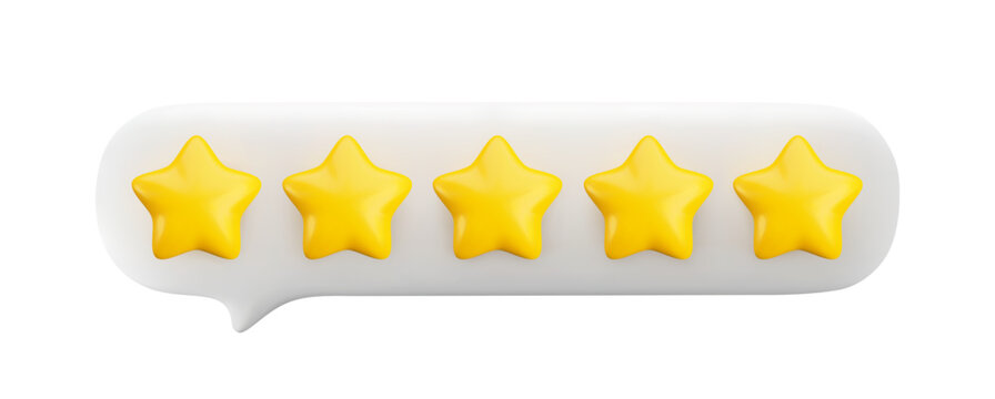 Vector 3d gold five stars in white speech bubble isolated on white background. Realistic render of customer review, best rating, positive feedback concept. 3d quality service symbol.